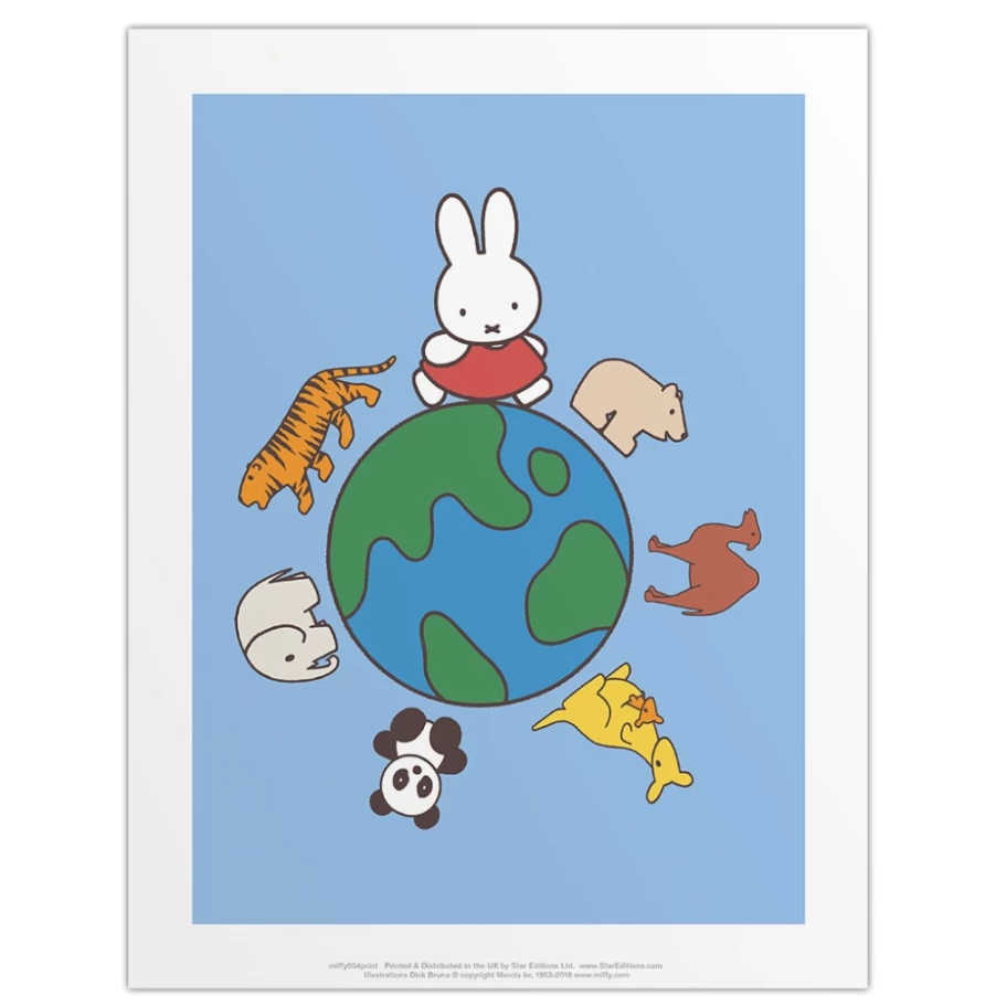 MIFFY Animals World Mini Poster - Cute Globe Illustration for Kids Room Decor