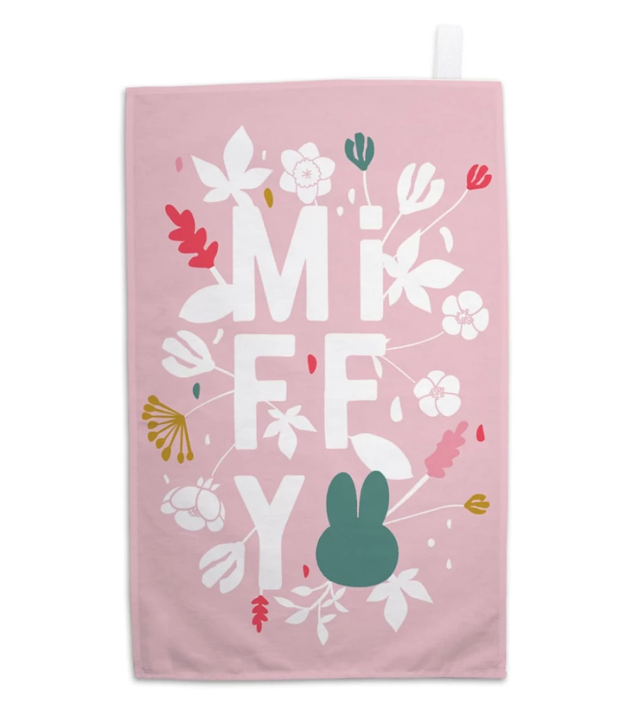MIFFY Pink Floral Tea Towel - Soft Decorative Kitchen Towel with Cute Bunny Design
