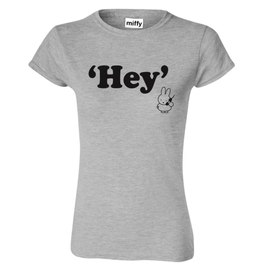 MIFFY Women's 'Hey' Graphic Grey Cotton T-Shirt - Casual Short Sleeve Tee