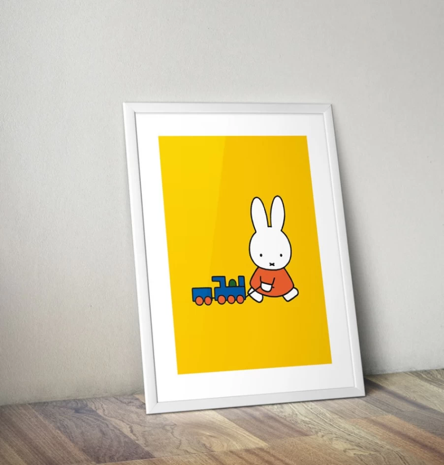 "Miffy Framed Mini Poster - Cute Bunny Pulling Toy Train Art Print"