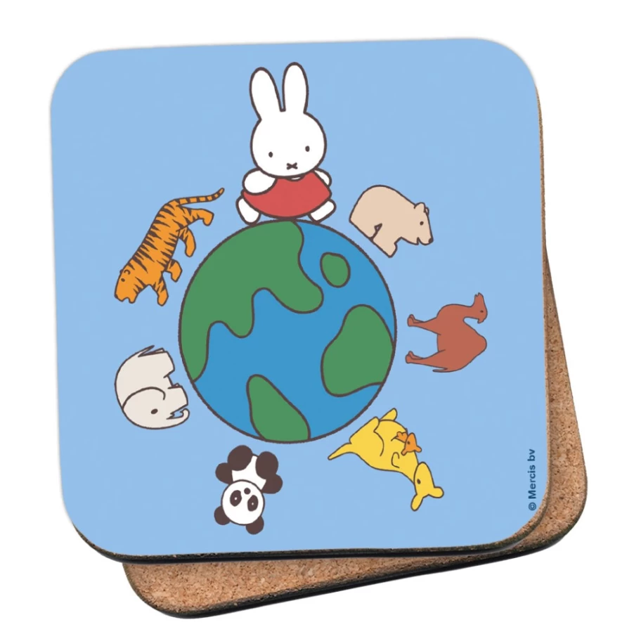 MIFFY Animal World Cork Coasters Set - Cute Cartoon Globe Design Drink Mats
