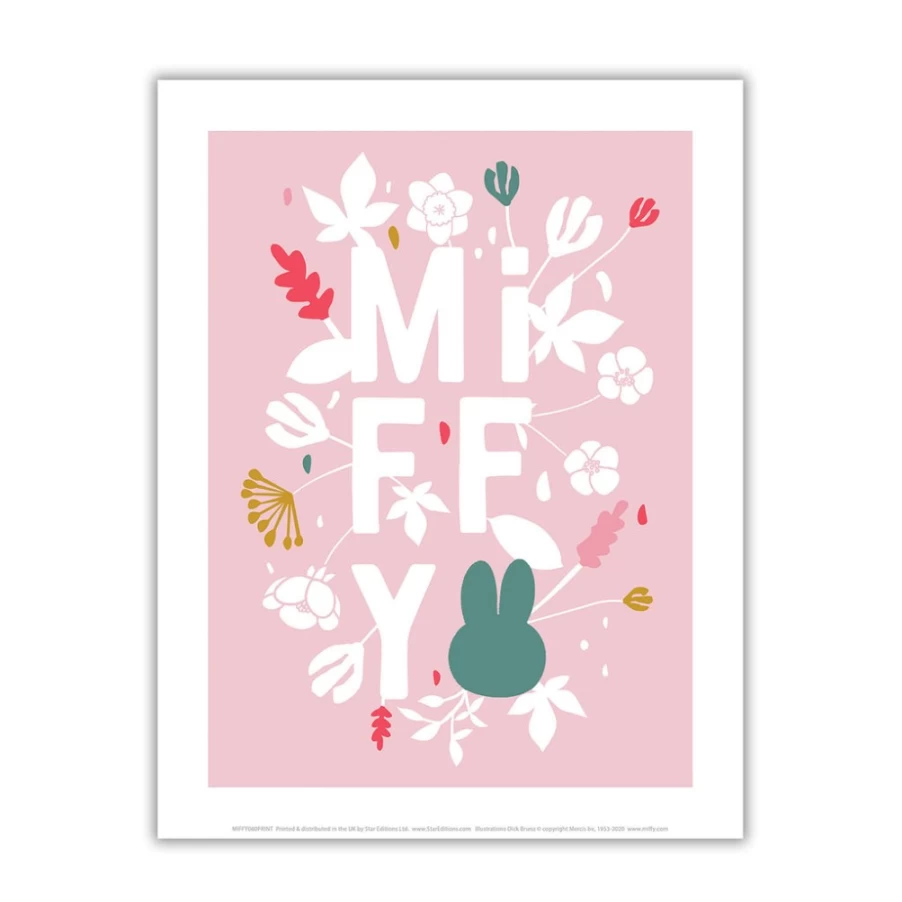 MIFFY Pink Floral Mini Poster - Cute Miffy Expression Wall Art Decor