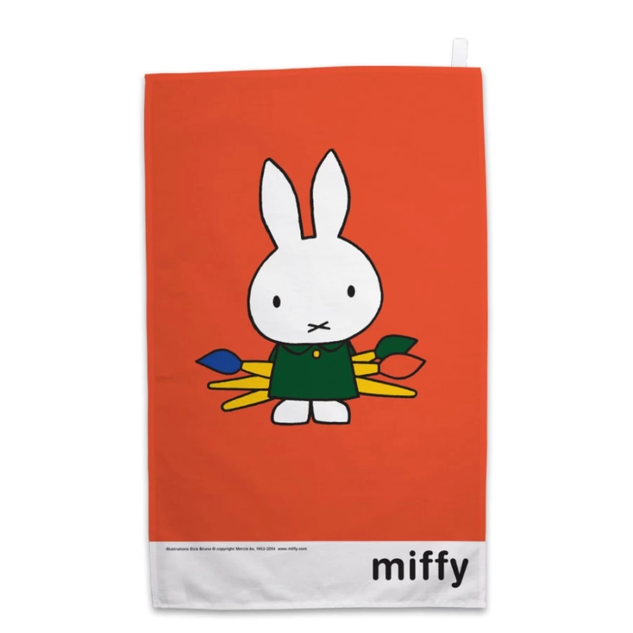 MIFFY Official Miffy Rabbit Holding Paintbrushes Printed Tea Towel - Cute Kitchen Towel for Decor and Drying Dishes