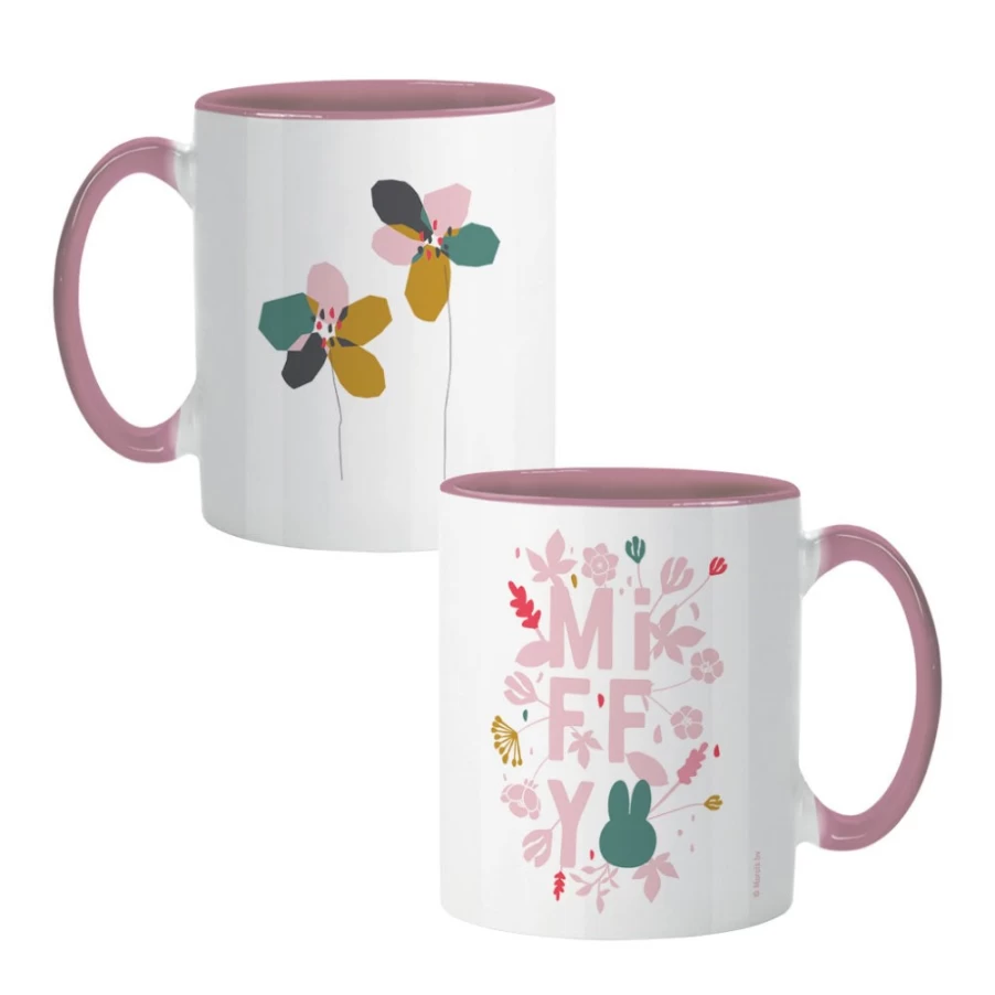 MIFFY Pink Floral Expression Ceramic Mug with Insert - Cute Bunny Design